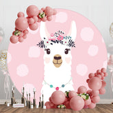 Aperturee - Pink Floral Alpaca Animals Round Birthday Backdrop